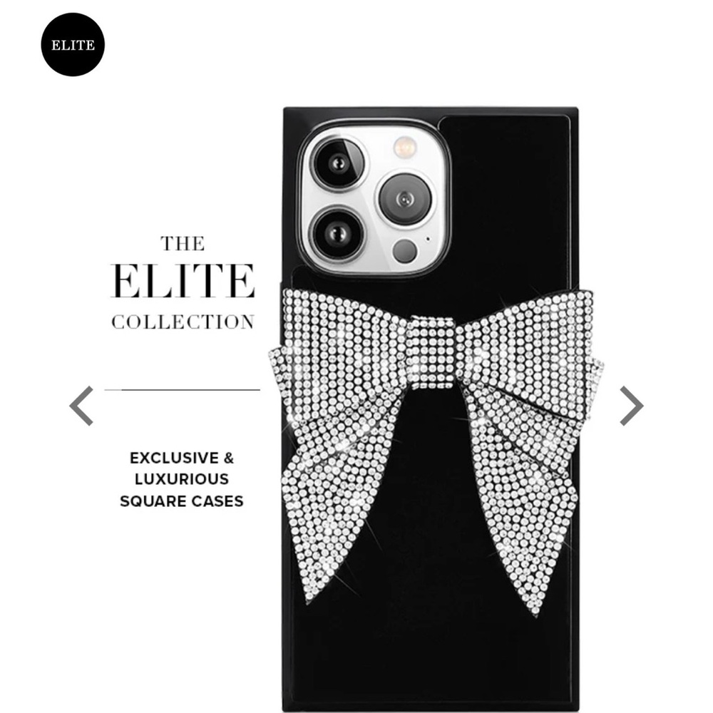 Flaunt Elite Black Square Rhinestone Bow Brilliance iPhone 15 Pro Max Case - Picture 3 of 8